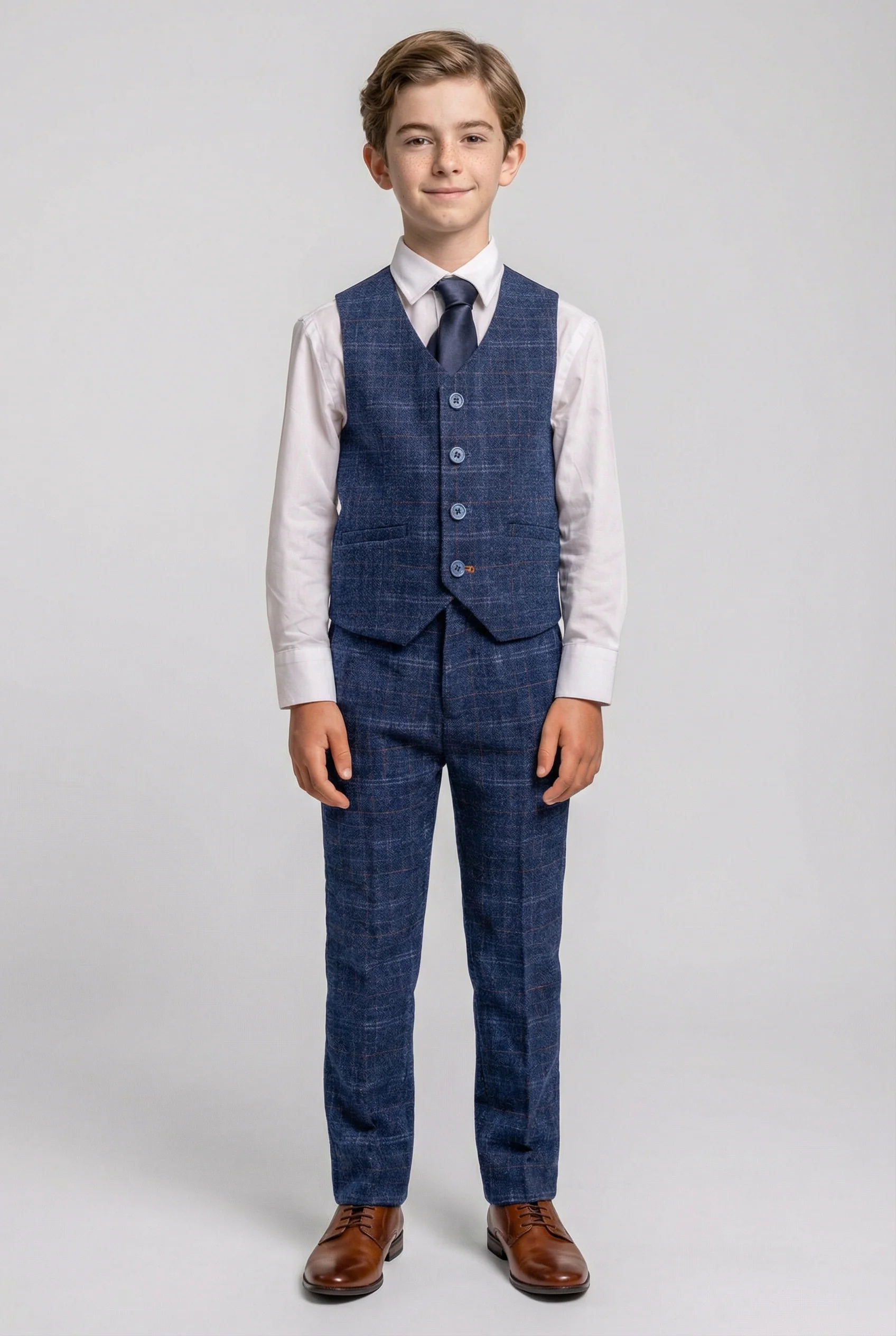 Boys Tweed Check Navy Slim Fit Suit - KAISER - Navy Blue - Image 6