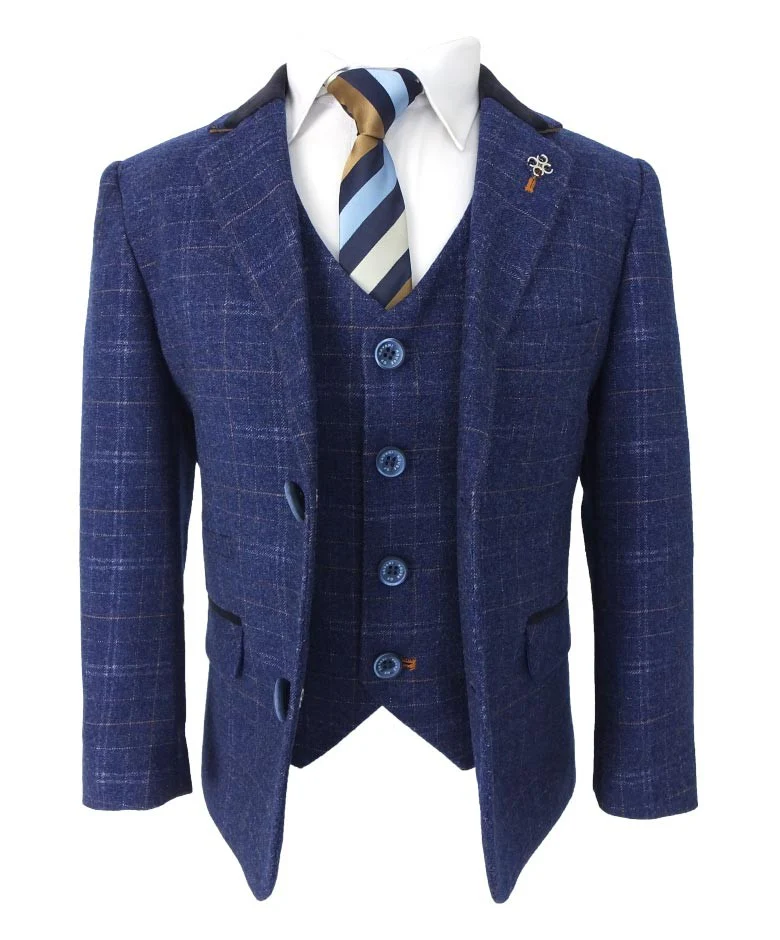 Boys Tweed Check Navy Slim Fit Suit - KAISER - Navy Blue - Image 8