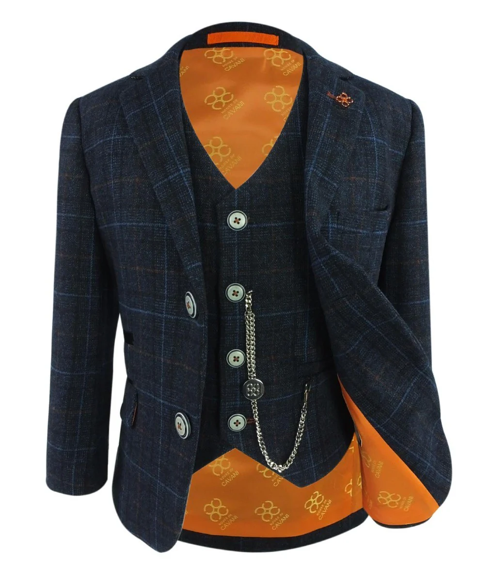 Boys Tweed Windowpane Check Suit - CODY Blue - Navy Blue - Image 10