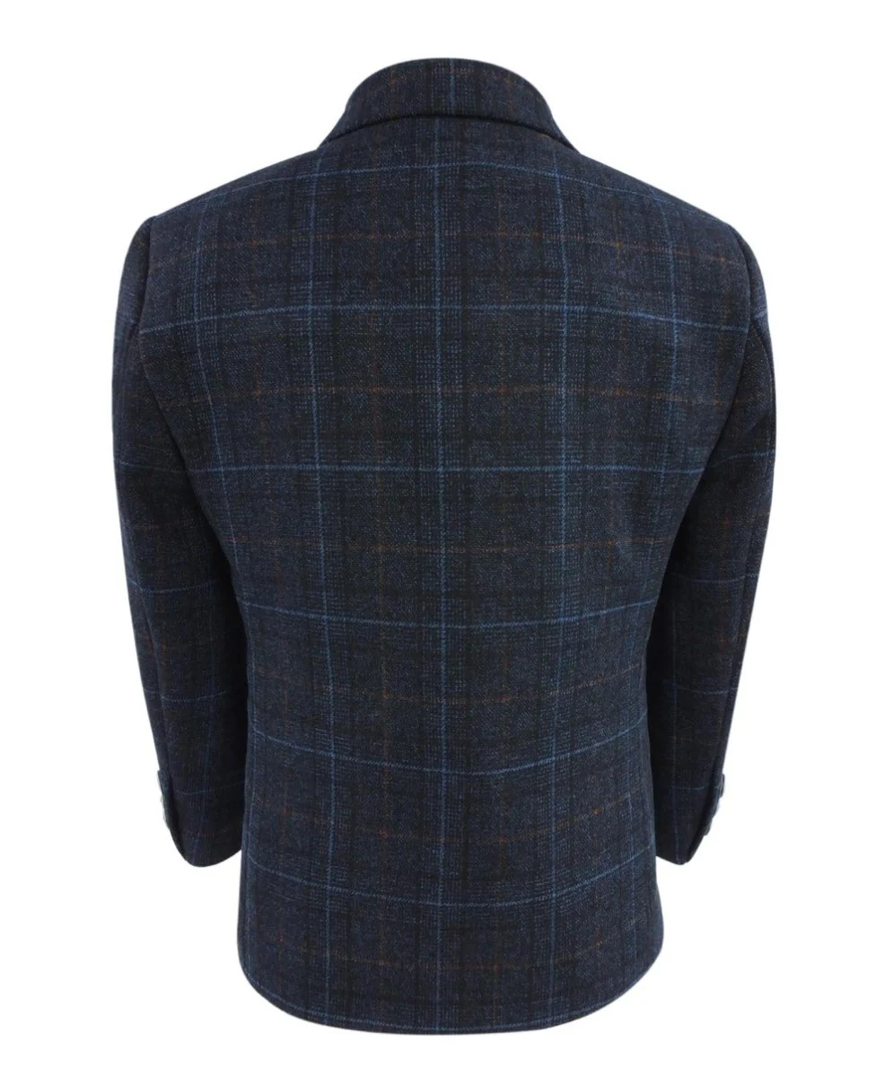 Boys Tweed Windowpane Check Suit - CODY Blue - Navy Blue - Image 11