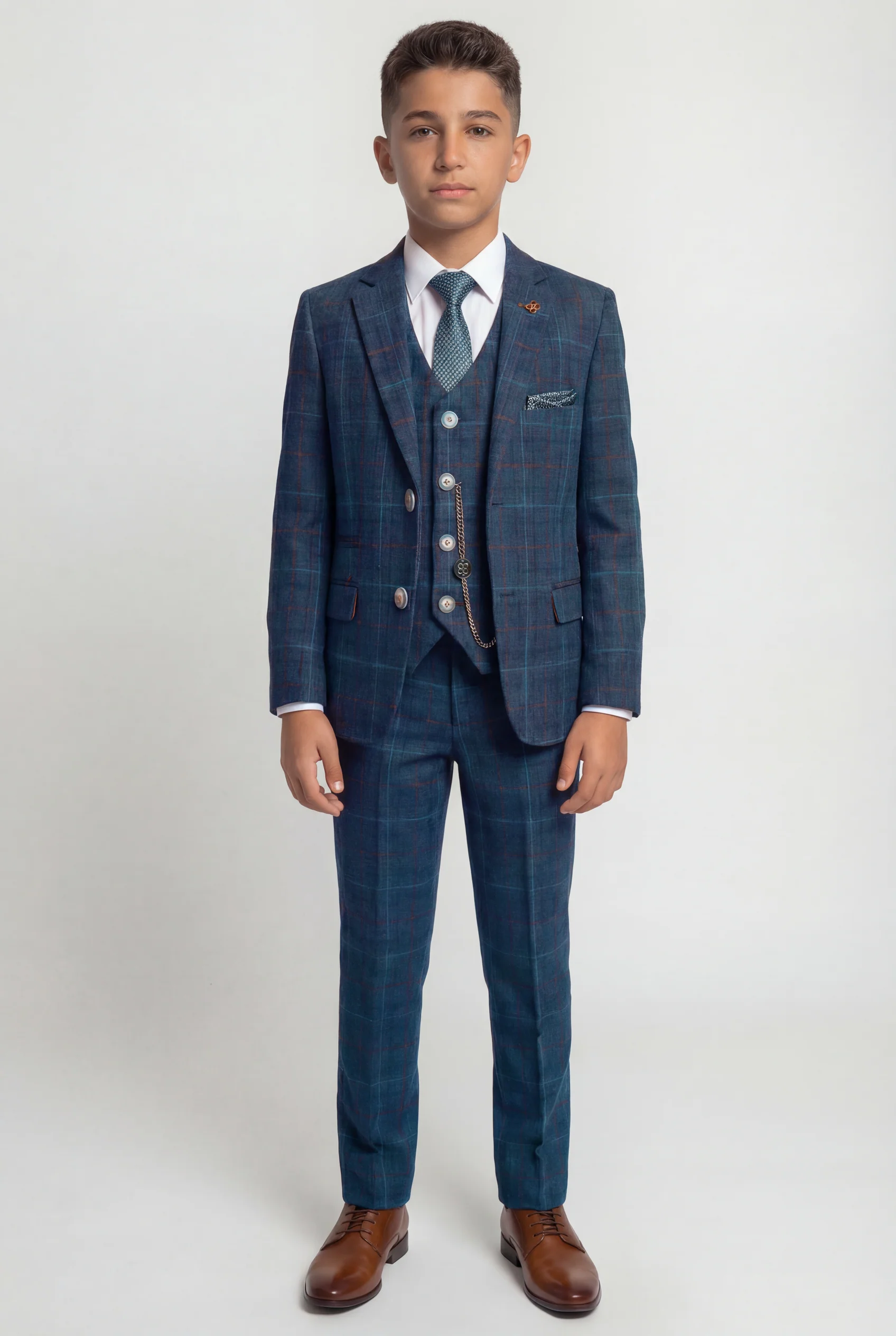 Boys Tweed Windowpane Check Suit - CODY Blue - Navy Blue - Image 3