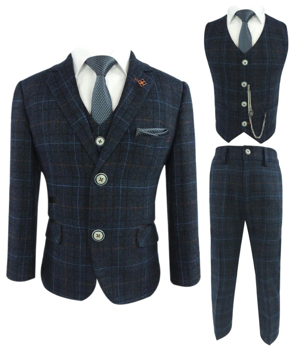 Boys Tweed Windowpane Check Suit - CODY Blue - Navy Blue - Image 8