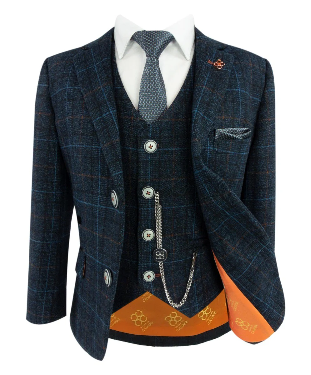 Boys Tweed Windowpane Check Suit - CODY Blue - Navy Blue - Image 9
