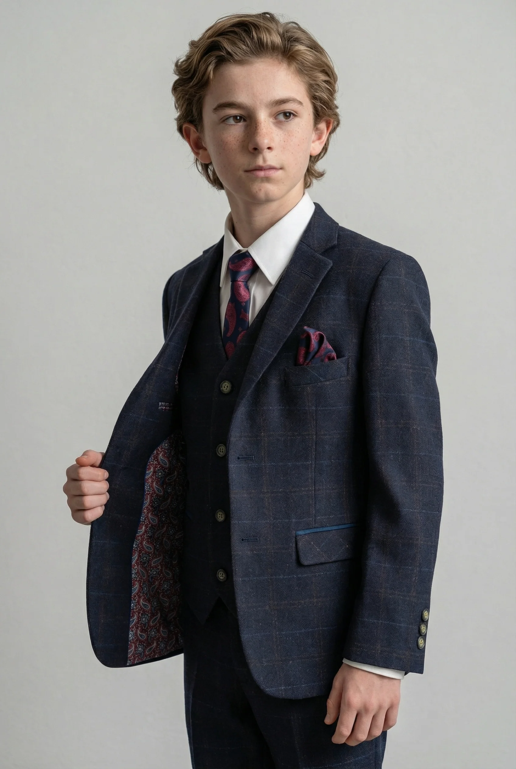 Boys Tweed Windowpane Check Tailored Fit Suit - Ryan Navy - Navy Blue - Image 3