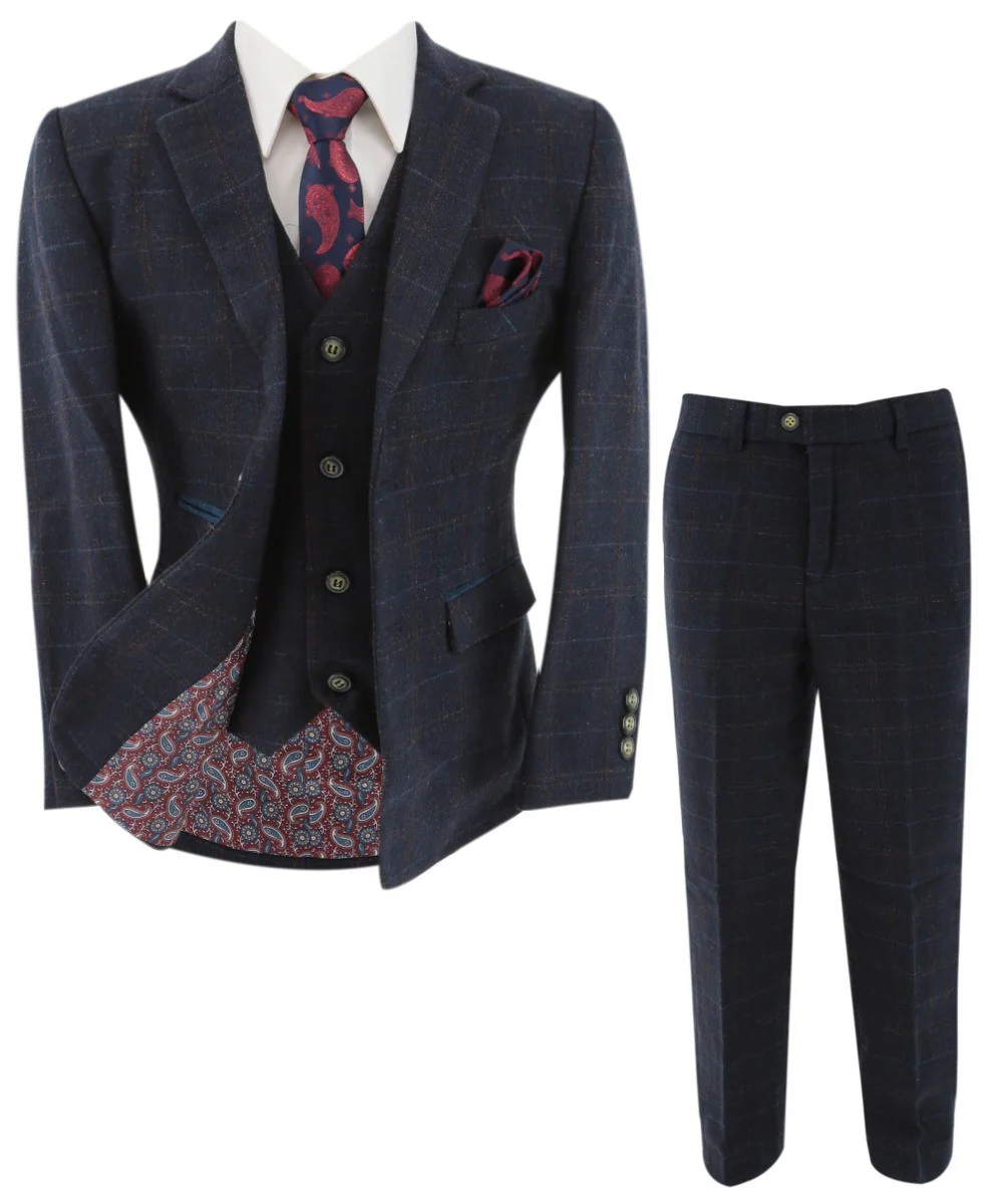 Boys Tweed Windowpane Check Tailored Fit Suit - Ryan Navy - Navy Blue - Image 7