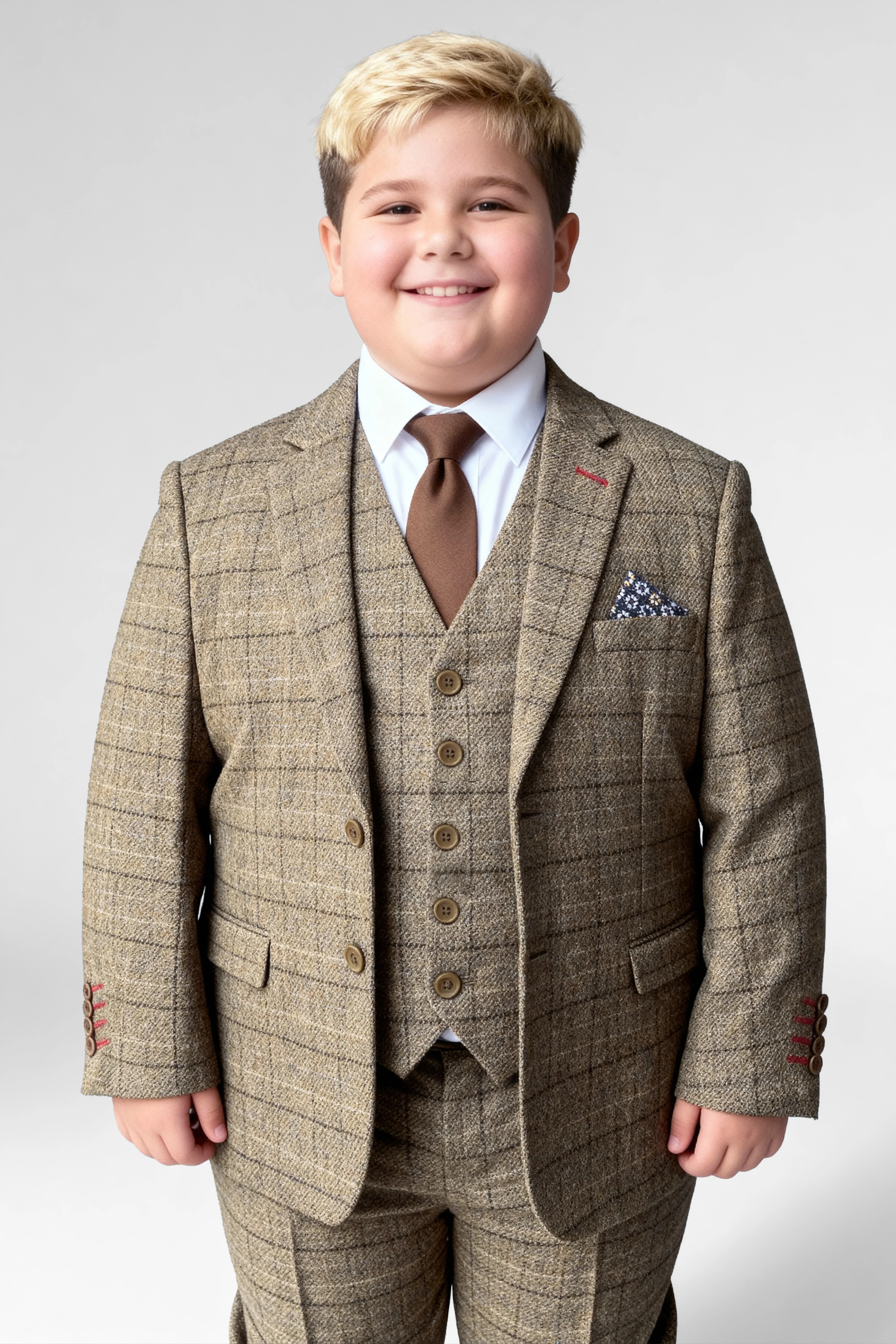 Boys 3-Piece Wool Tweed Windowpane Check Suit - Liam - Beige - Image 5