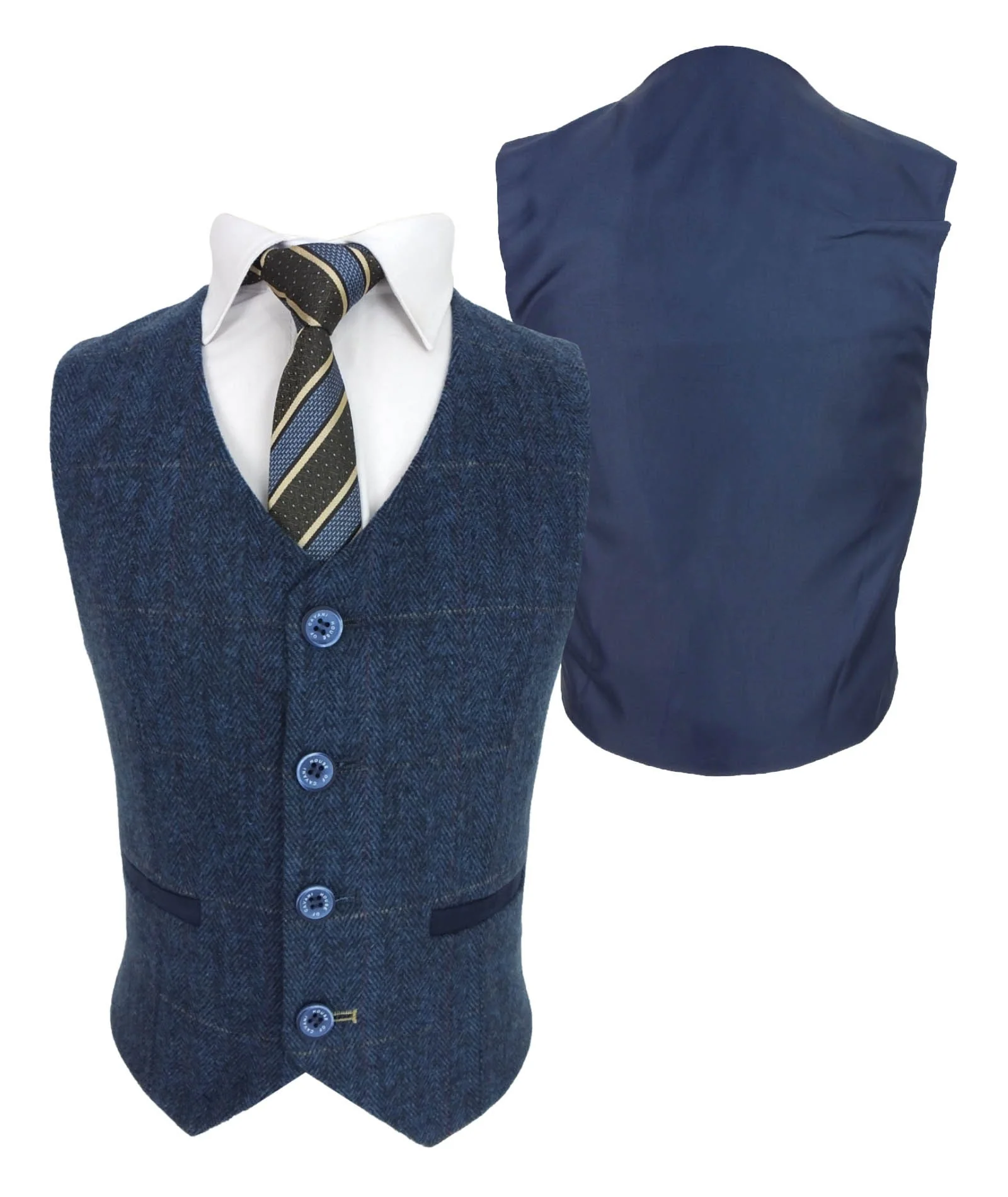 Boys Slim Fit Wool Blend Herringbone Tweed Blue Suit - CARNEGI - Navy Blue - Image 11