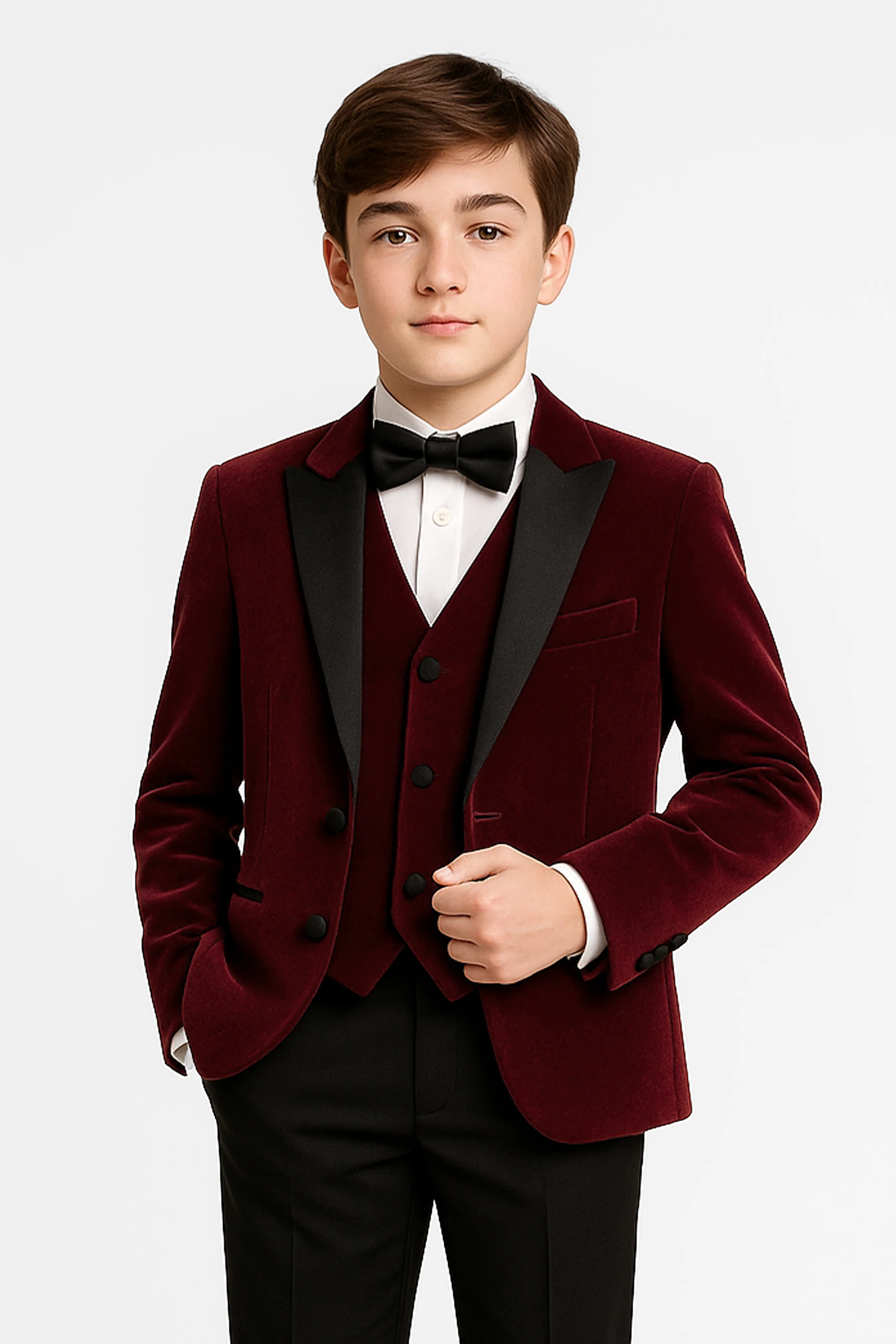 Boys Velvet Satin Lapel Tuxedo Dinner Suit Set - 3-Piece & 5-Piece - MAYFAIR - Wine