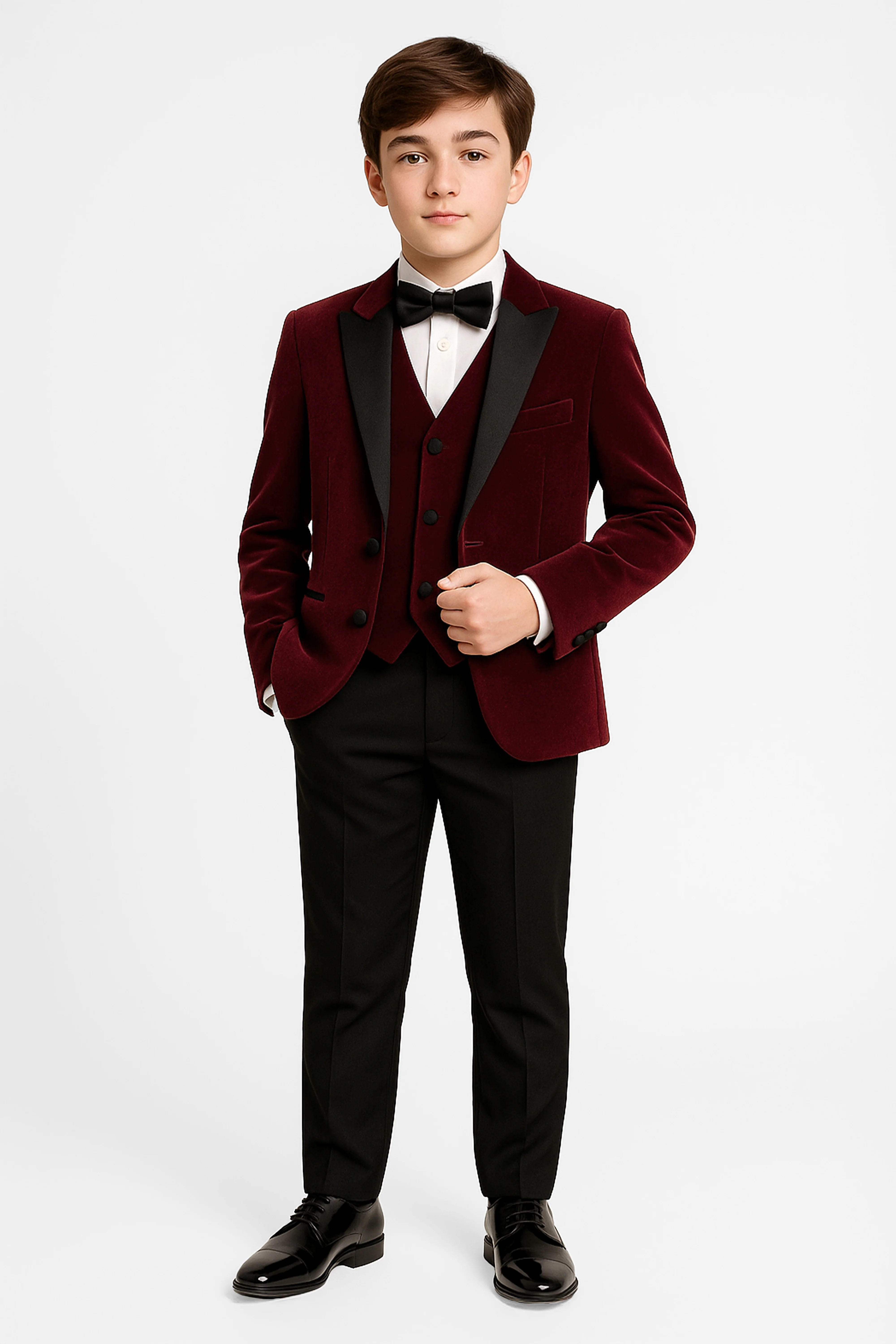 Boys Velvet Satin Lapel Tuxedo Dinner Suit Set - 3-Piece & 5-Piece - MAYFAIR - Wine - Image 2