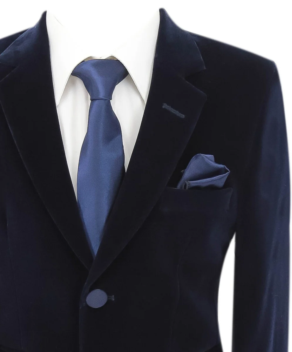 Boys Velvet Slim Fit Formal Blazer - Hackney - Navy Blue - Image 3
