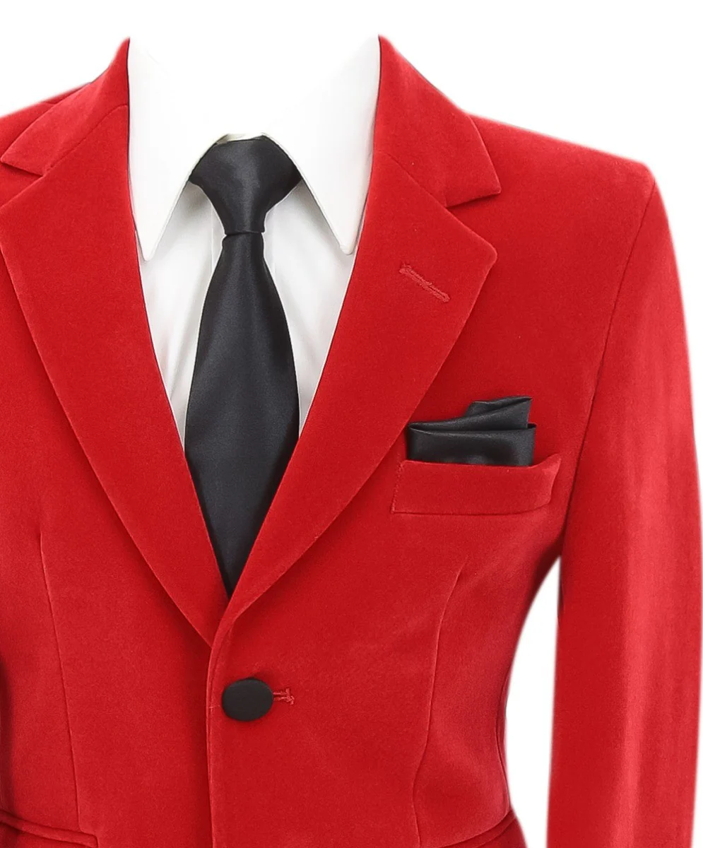 Boys Velvet Slim Fit Formal Blazer - Hackney - Red - Image 3