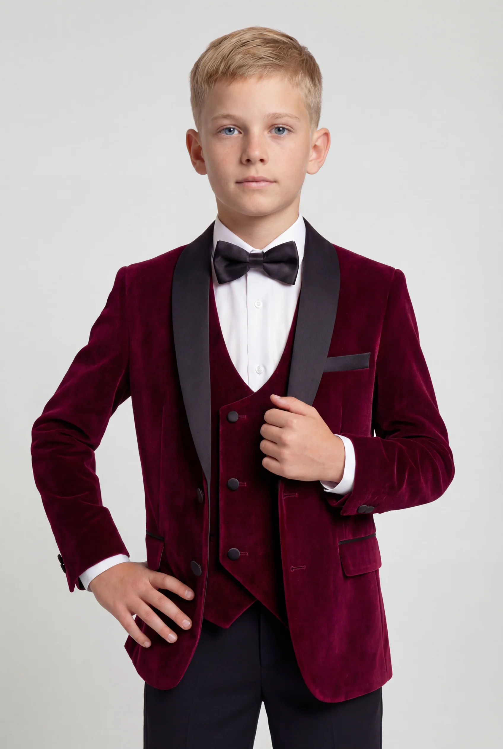Boys Velvet Tuxedo Suit with Double-breasted Vest - Burgundy
