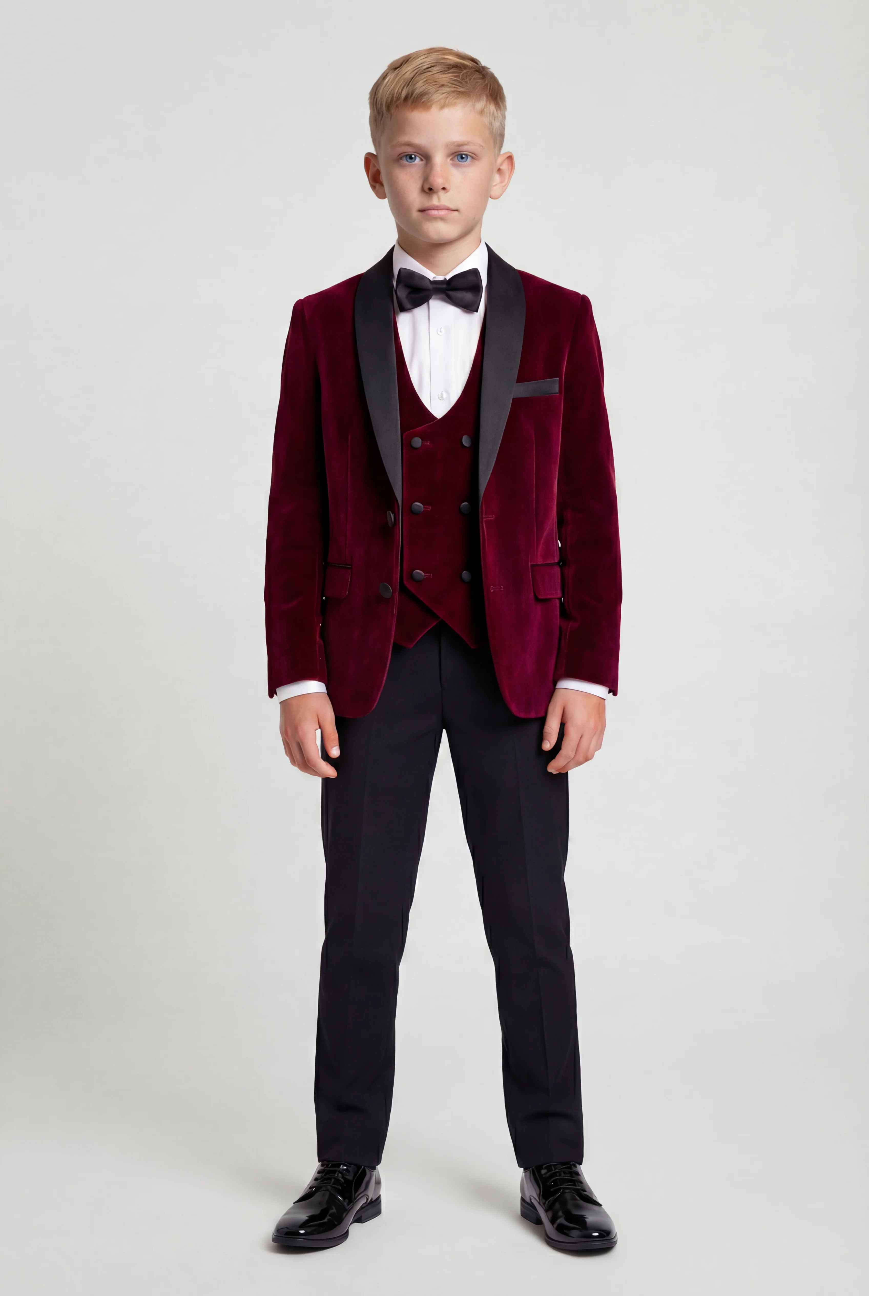 Boys Velvet Tuxedo Suit with Double-breasted Vest - Burgundy - Image 2