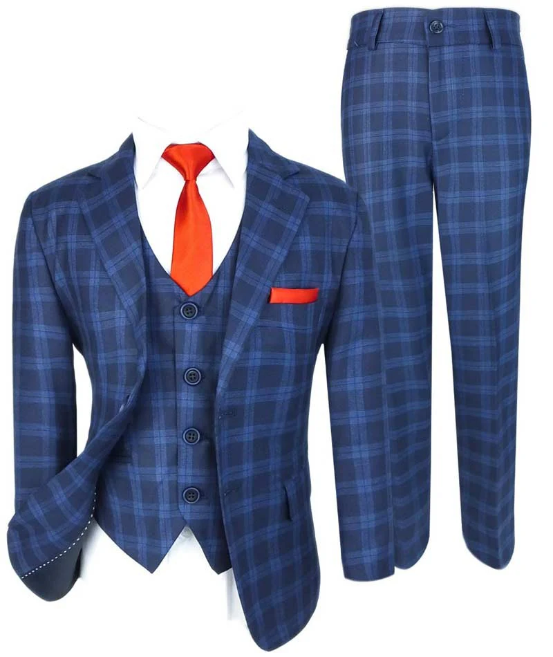 Boys Windowpane Check Tweed Tailored Fit Suit - Dark Blue - Image 6
