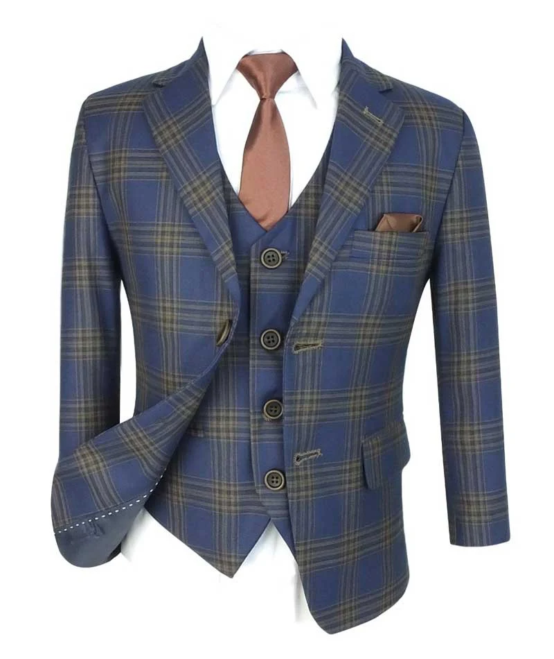 Boys Windowpane Check Tweed Tailored Fit Suit - Navy Blue - Brown - Image 3