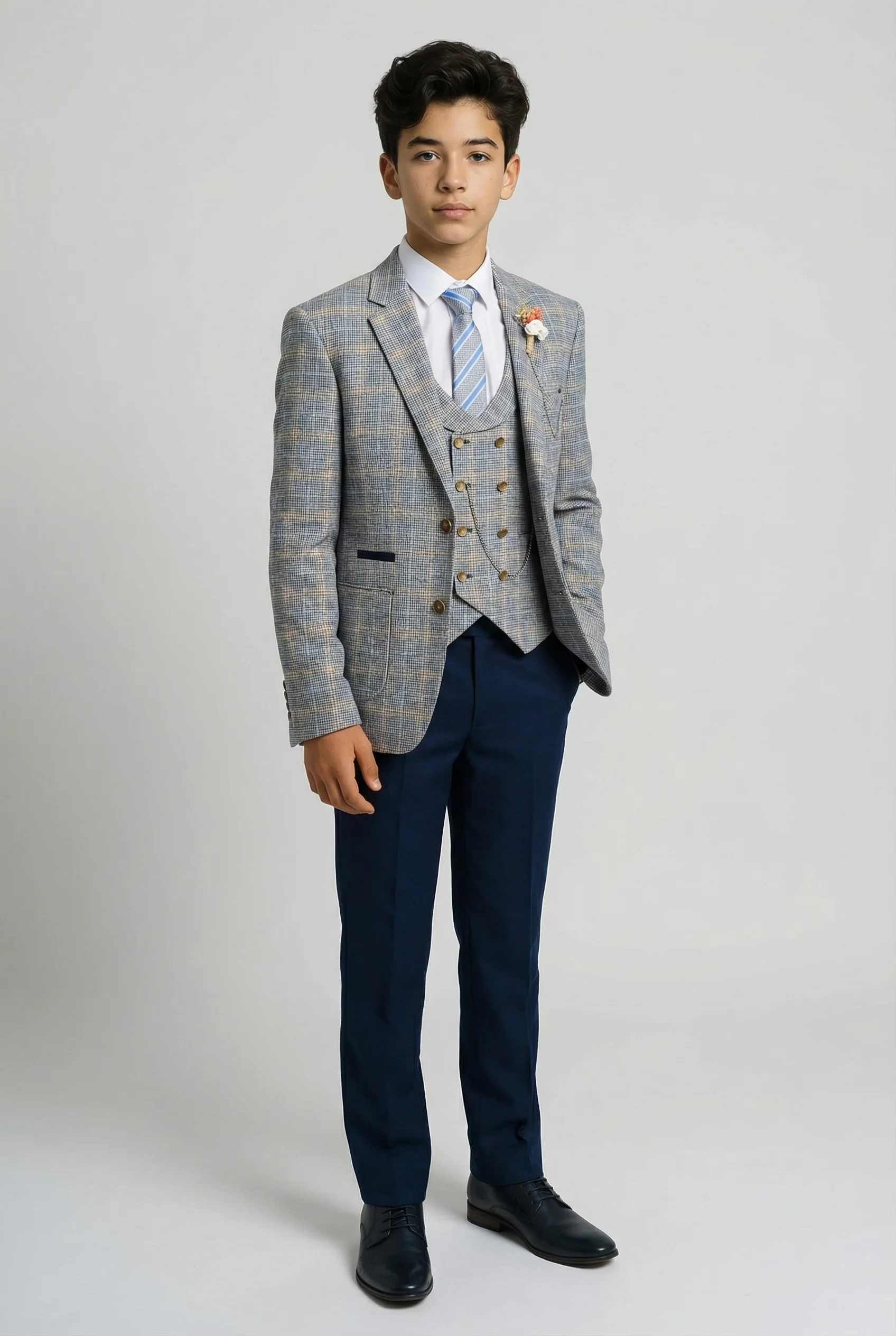 Boys Windowpane Check Slim Fit Suit - Blue - Image 3