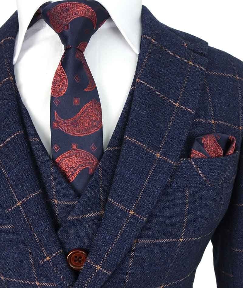 Boys Windowpane Check Slim Fit Suit - Dark Blue - Gold - Image 3