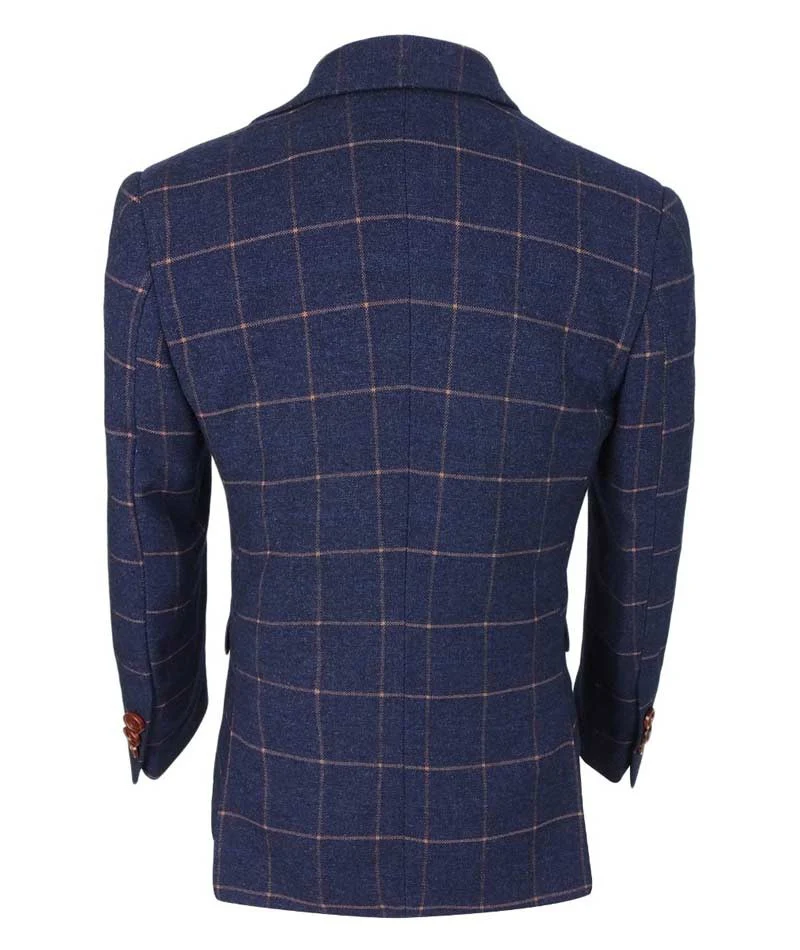 Boys Windowpane Check Slim Fit Suit - Dark Blue - Gold - Image 4