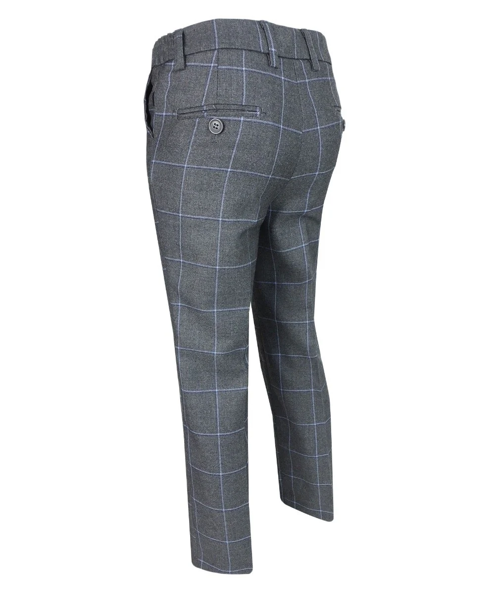 Boys Windowpane Check Slim Fit Suit - Grey - Blue - Image 8