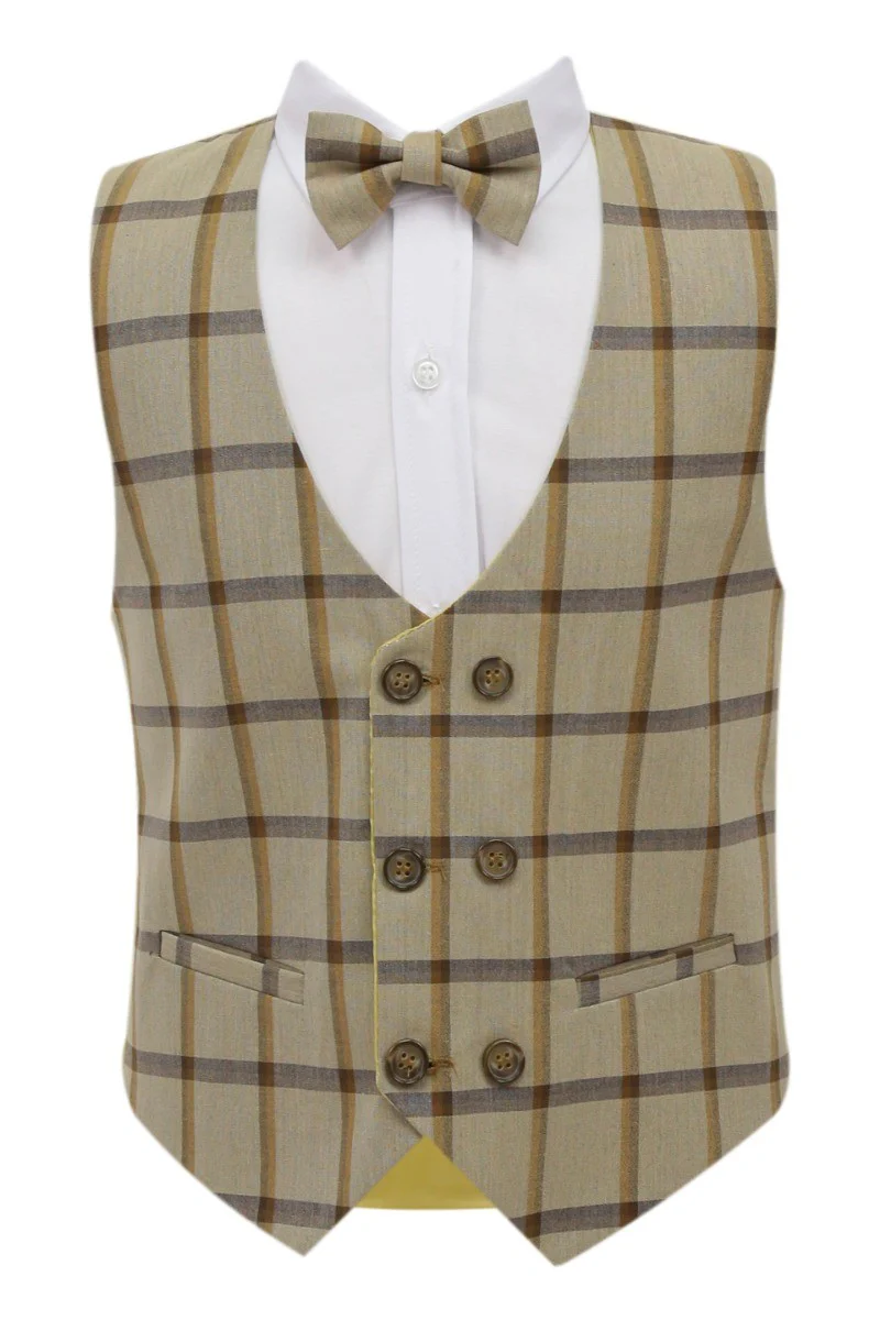 Boys Windowpane Check Suit 7 PC Set - Beige - Image 6
