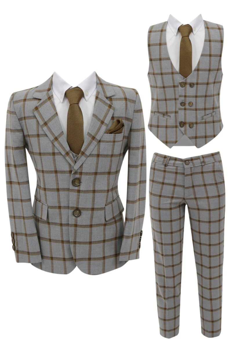 Boys Windowpane Check Suit 7 PC Set - Brown - Image 4