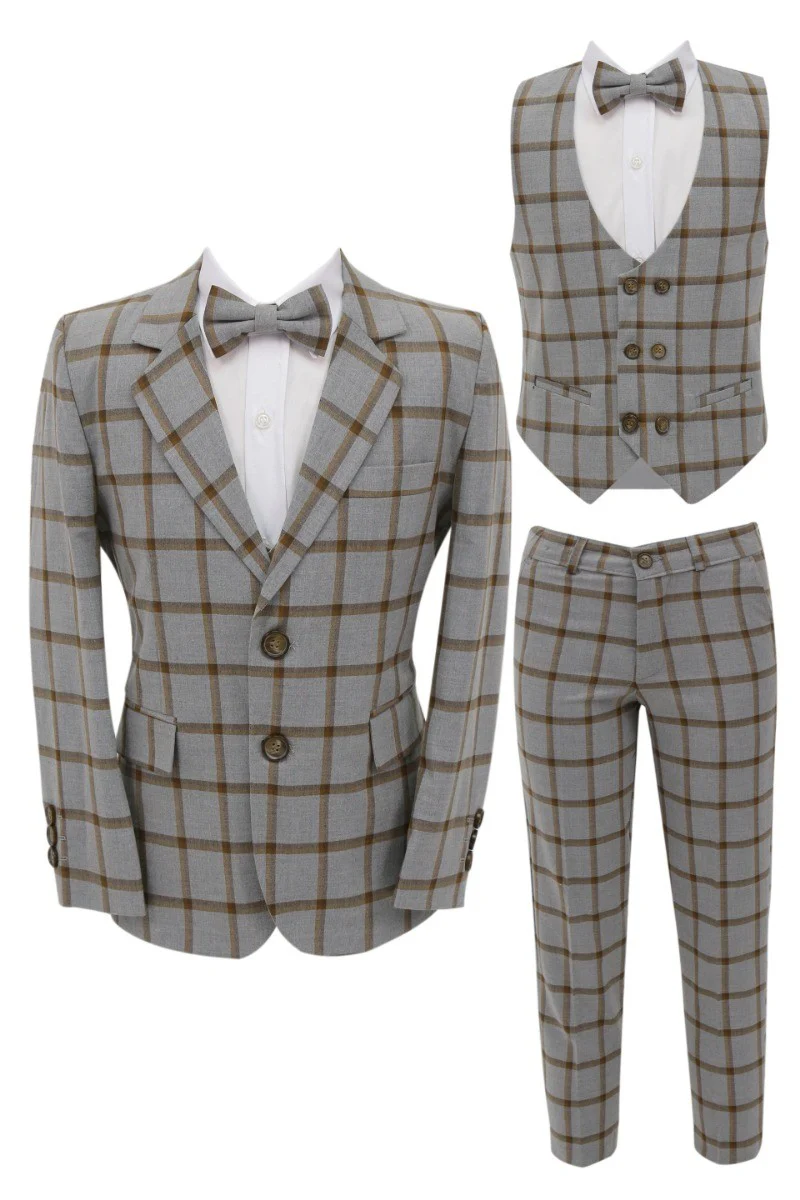 Boys Windowpane Check Suit 7 PC Set - Brown - Image 5