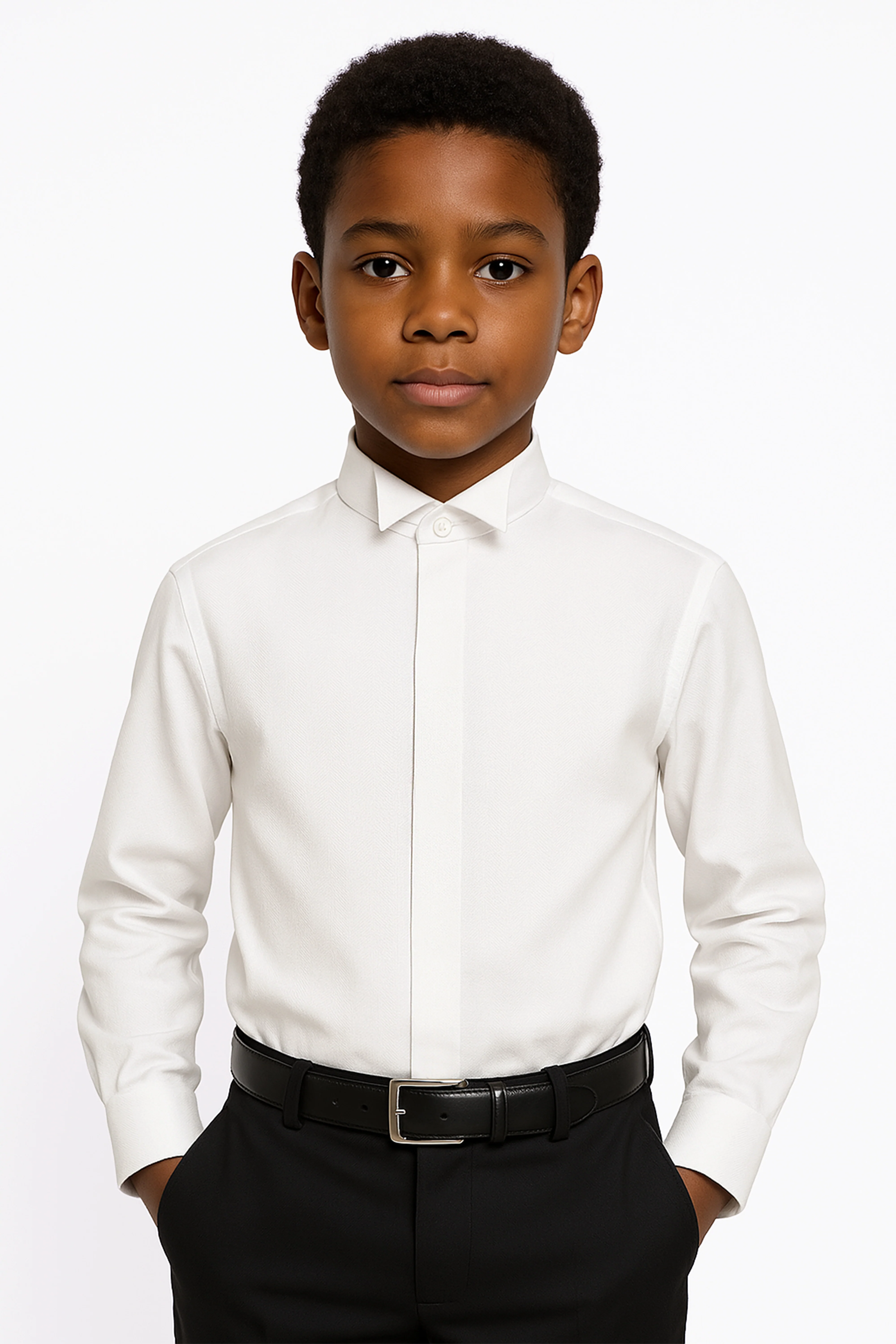 Boys Wing Collar Herringbone Dress Shirt - Harput - Ivory