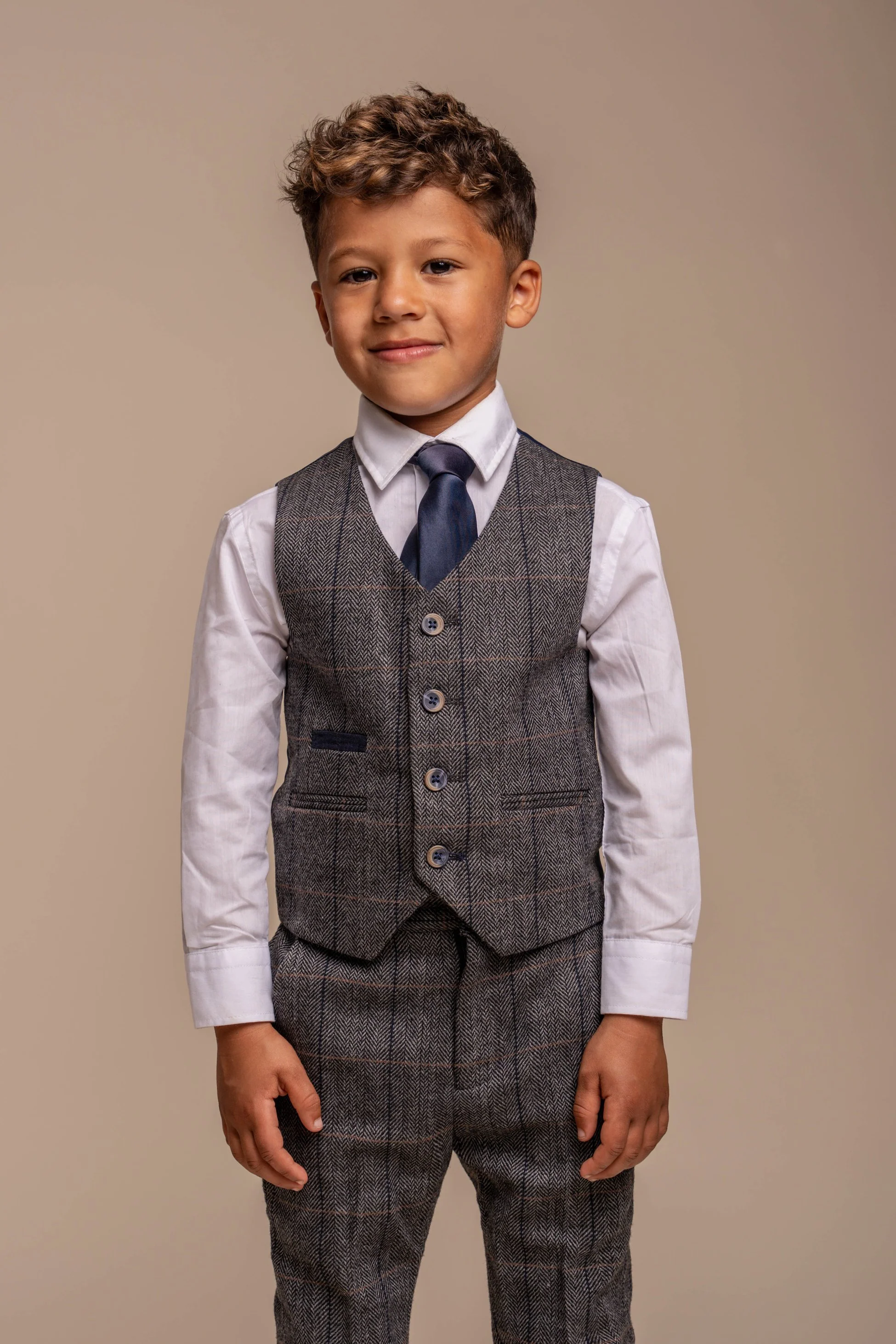 Boys Wool Blend Herringbone Check Suit - ALBERT - Grey - Image 4