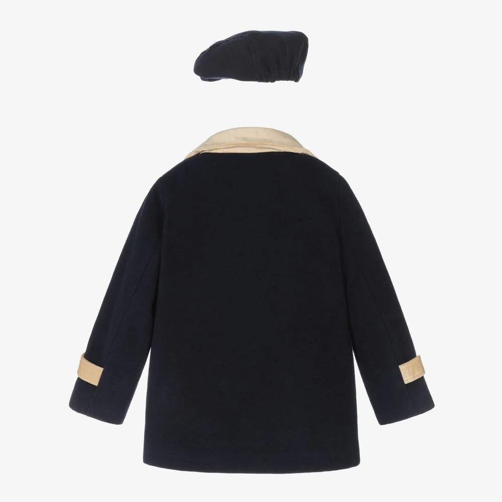 Boys Navy Blue Pea Coat & Cap - Navy Blue - Image 3