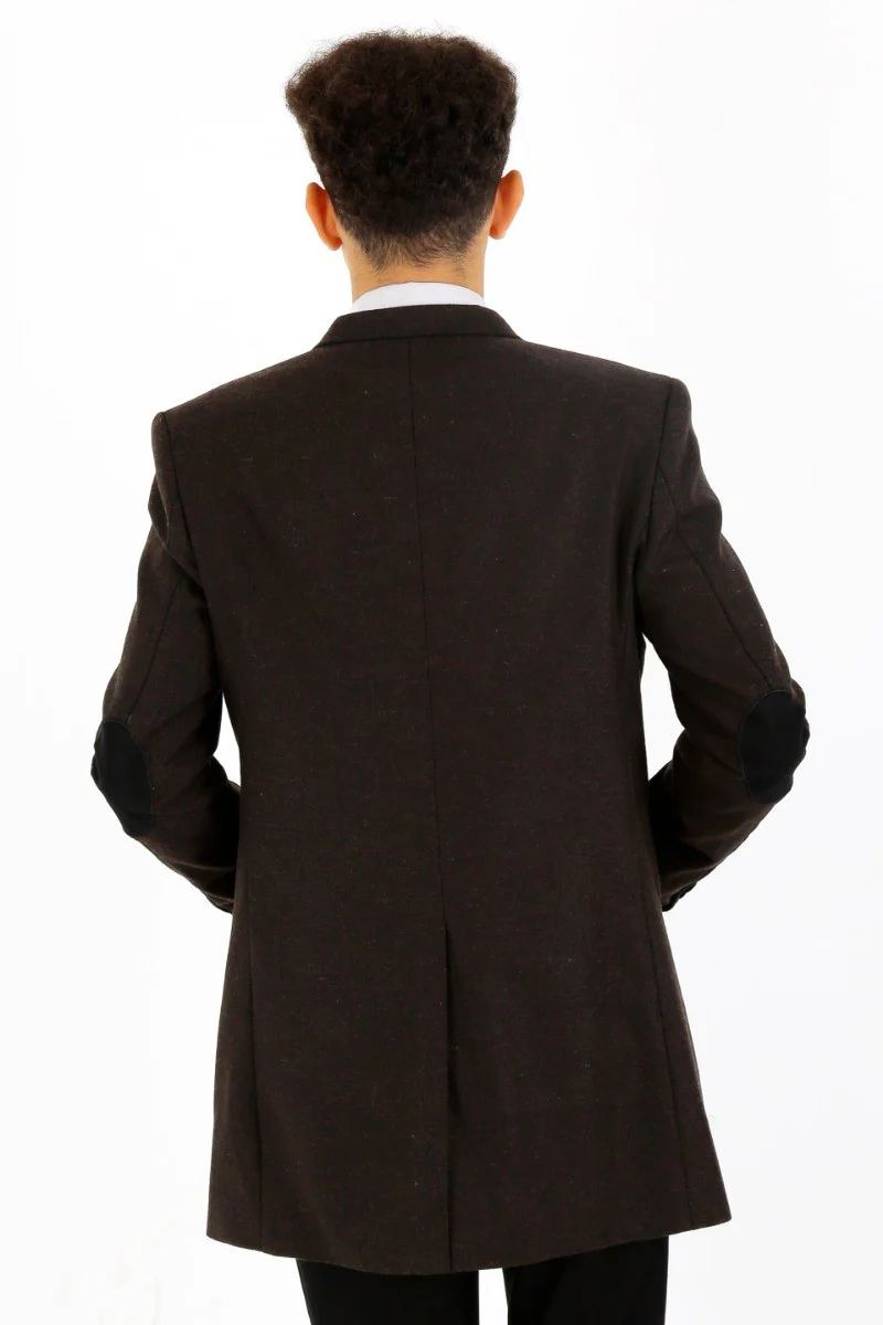 Boys Wool Herringbone Tailored Fit Midi Winter Coat - Dark Brown - Image 3
