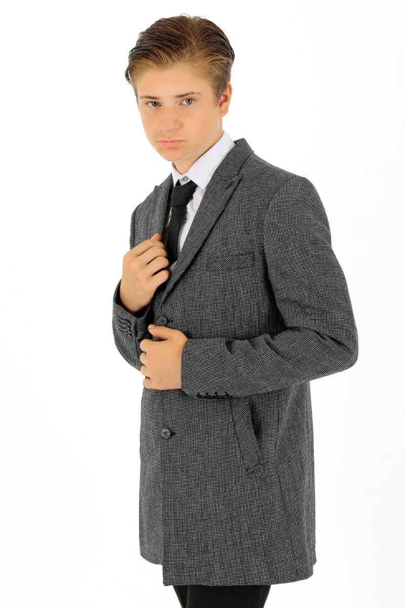 Boys Wool Birdseye Tweed Slim Fit Midi Coat - Grey - Image 3