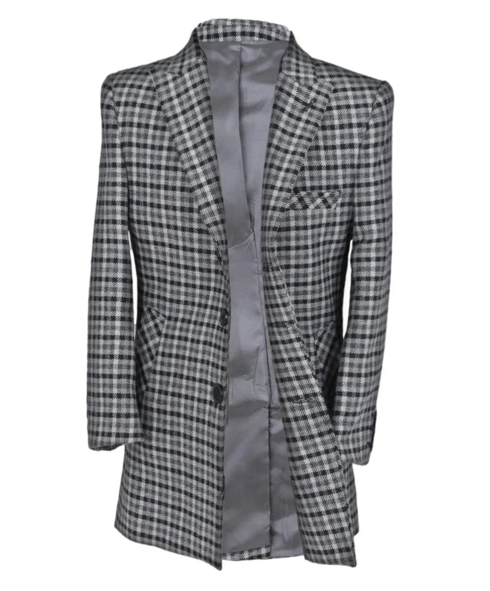 Boys Wool Birdseye Tweed Slim Fit Midi Coat - Light Grey - Image 7