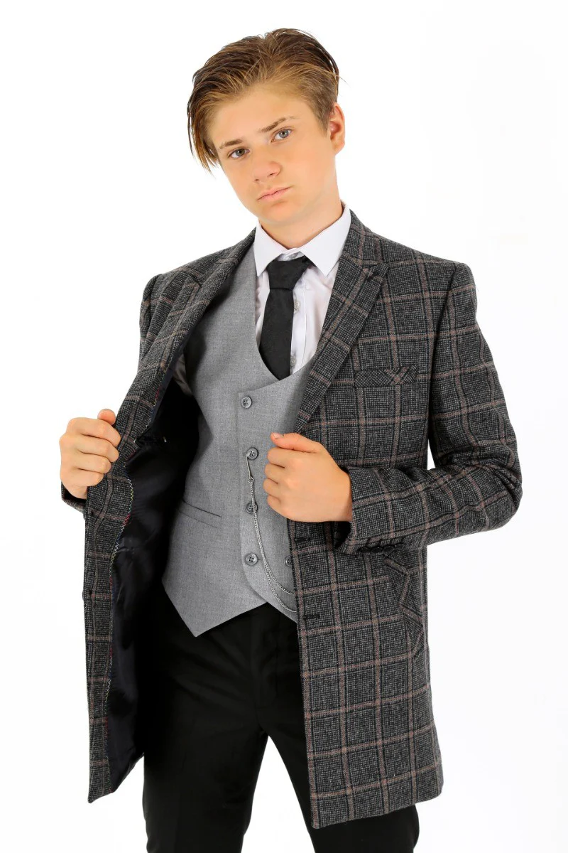 Boys Wool Tweed Check Midi Coat - FAUNUS - Dark Grey - Image 4