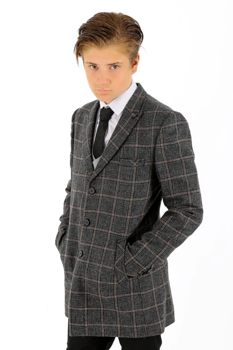 Boys Wool Tweed Check Midi Coat - FAUNUS - Dark Grey - Image 5