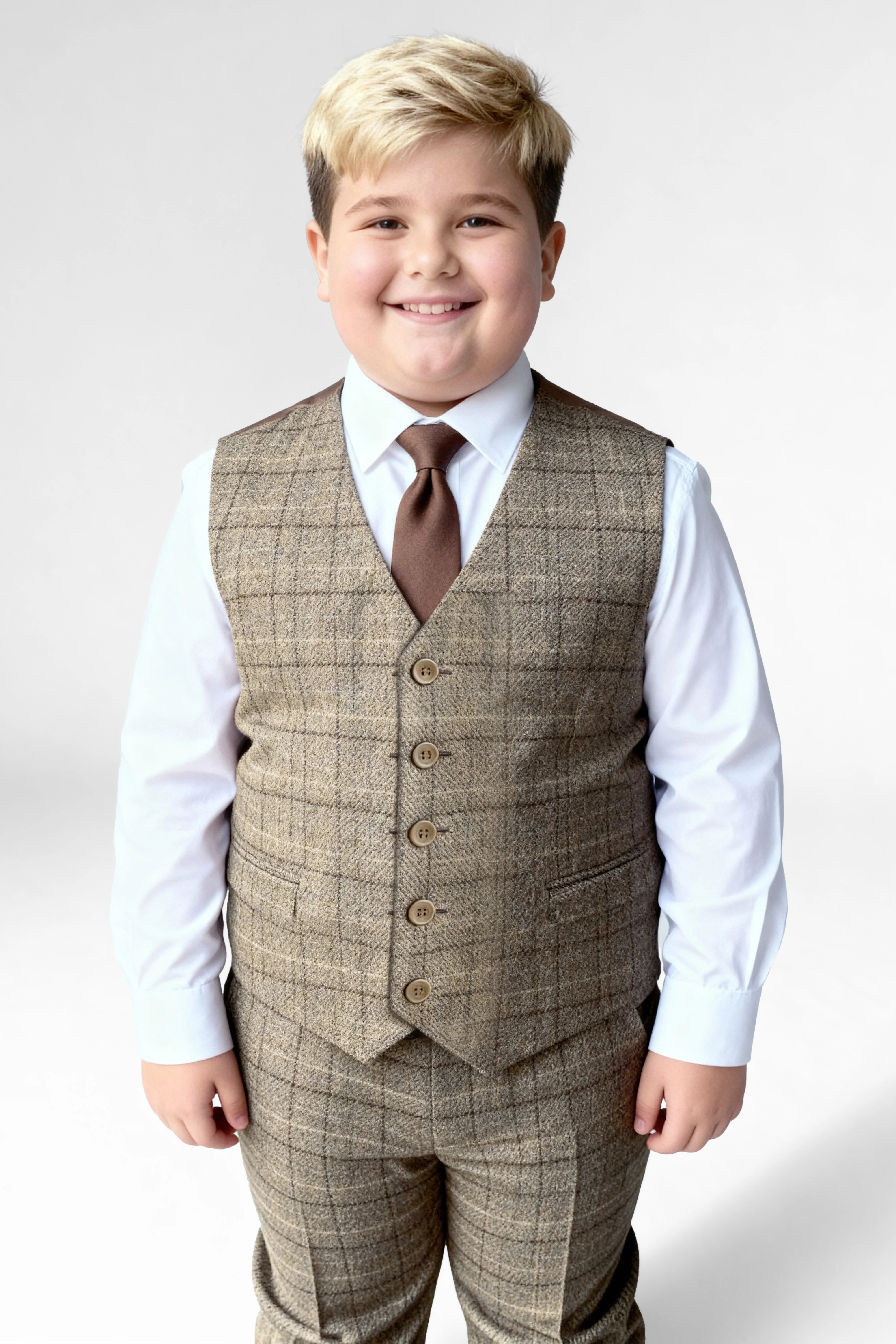 Father & Son Matching Windowpane Check Wool Tweed 3-Piece Suit Set - Liam Beige - Image 11
