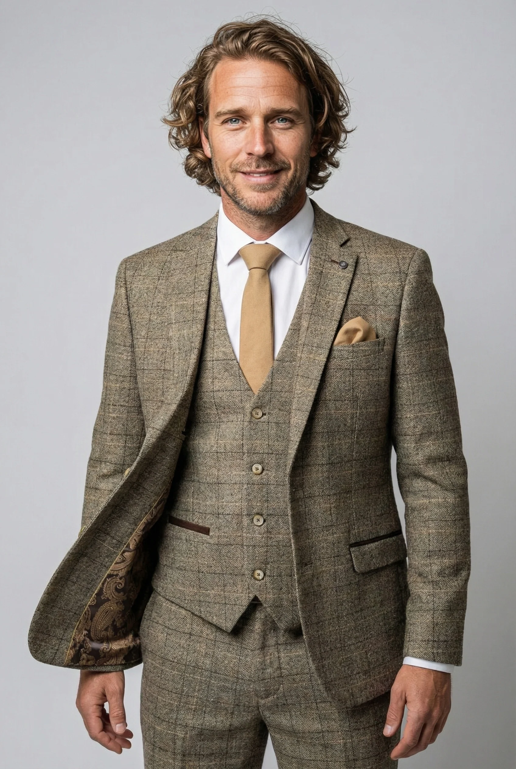 Father & Son Matching Windowpane Check Wool Tweed 3-Piece Suit Set - Liam Beige - Image 4