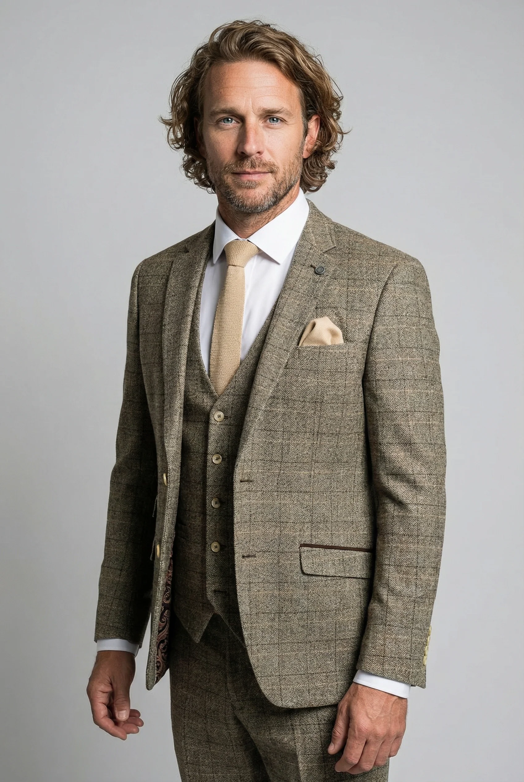 Father & Son Matching Windowpane Check Wool Tweed 3-Piece Suit Set - Liam Beige - Image 5