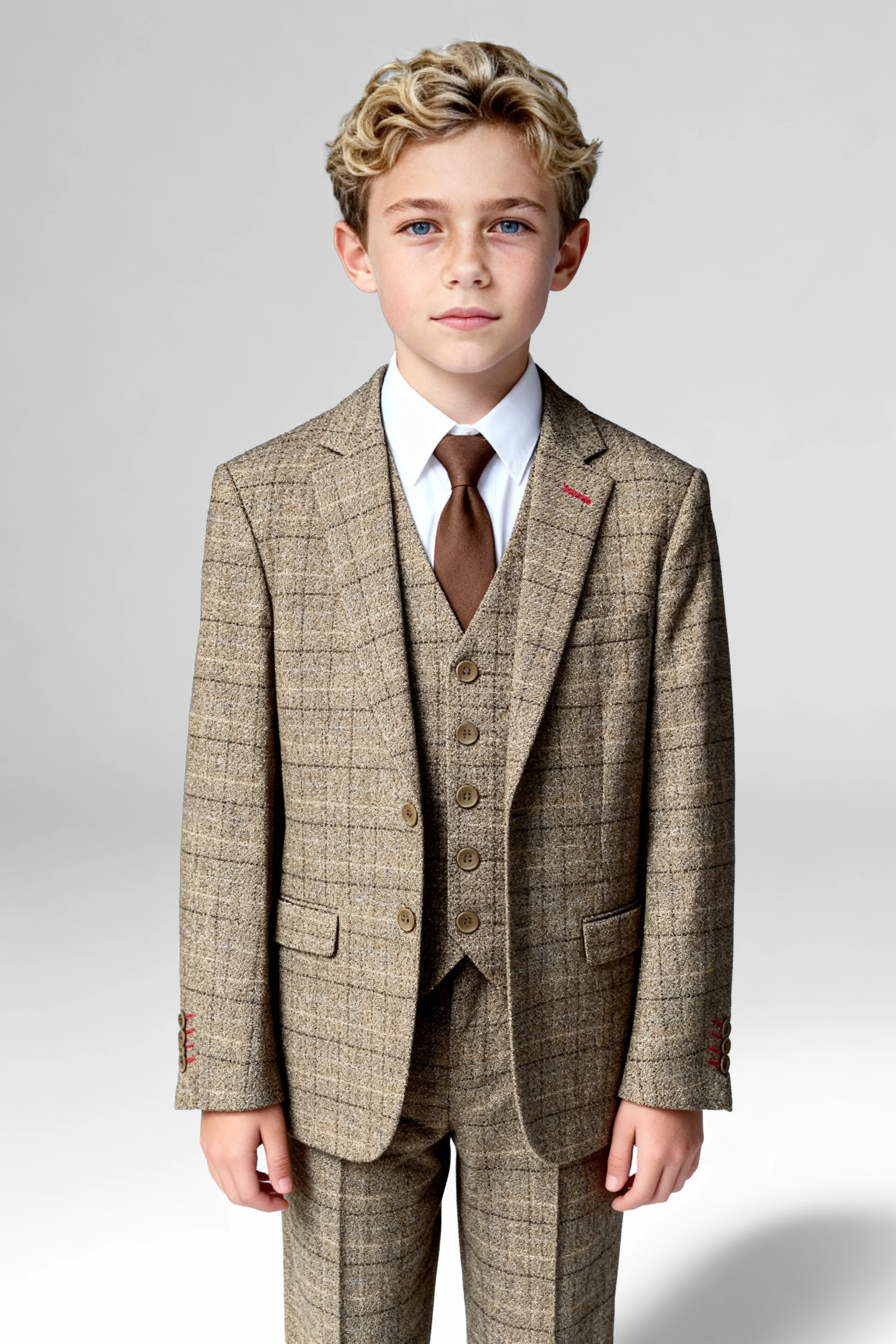 Father & Son Matching Windowpane Check Wool Tweed 3-Piece Suit Set - Liam Beige - Image 7