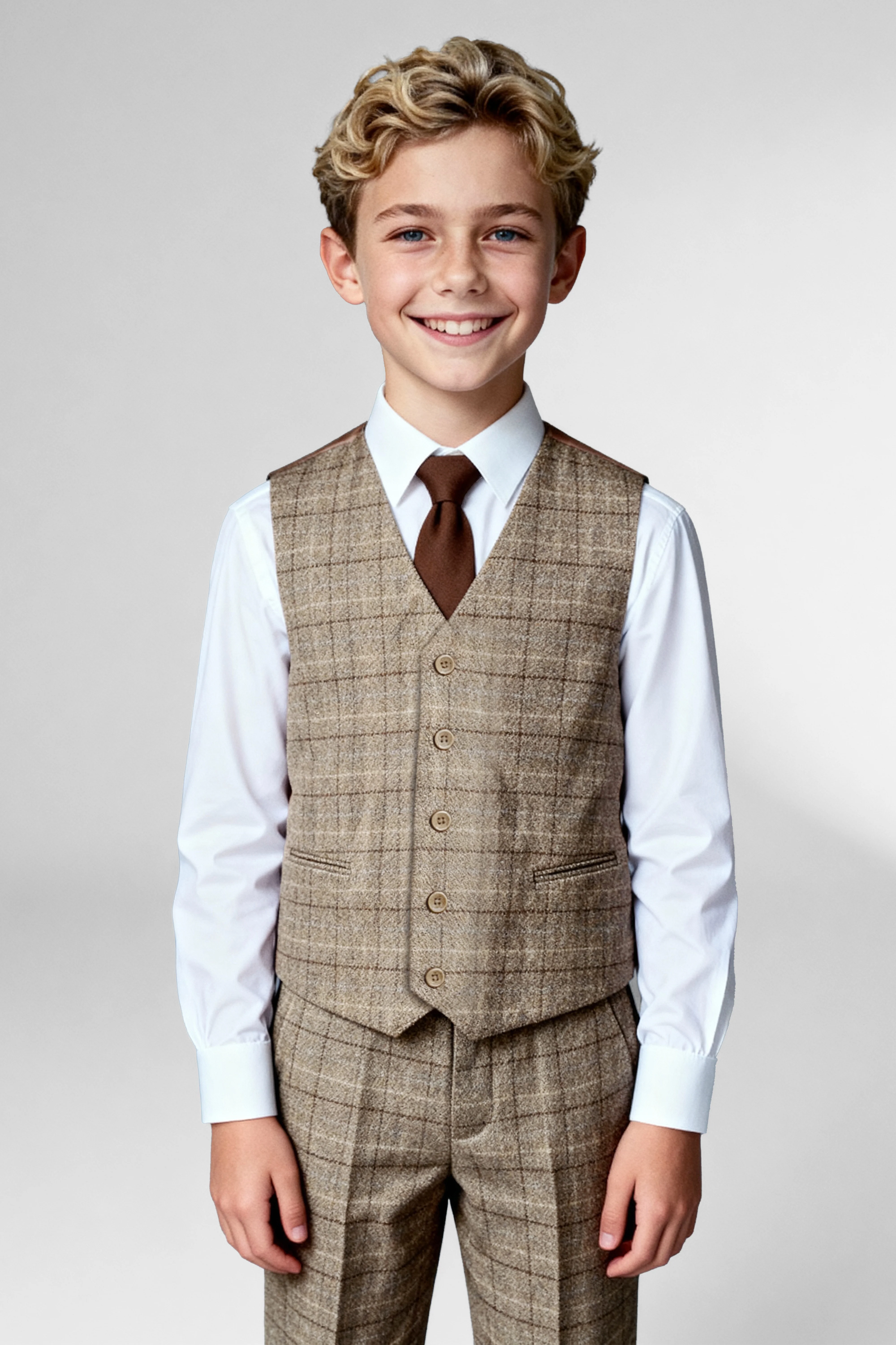 Father & Son Matching Windowpane Check Wool Tweed 3-Piece Suit Set - Liam Beige - Image 8