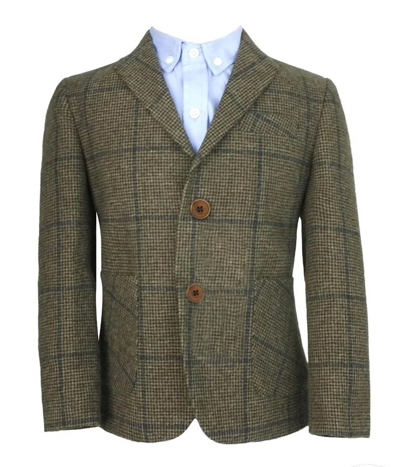 Boys Herringbone Windowpane Wool Suit - Brown - Navy Blue - Image 7