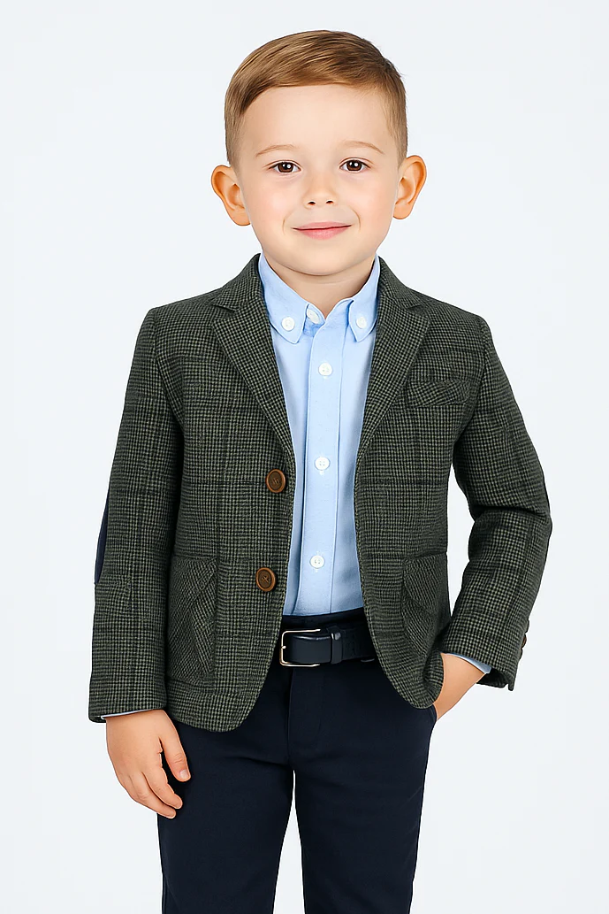 Boys Herringbone Windowpane Wool Suit - Grey