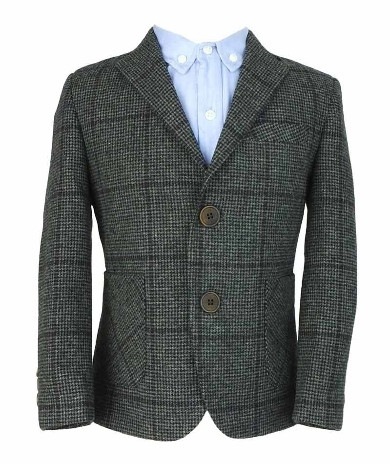 Boys Herringbone Windowpane Wool Suit - Grey - Image 2