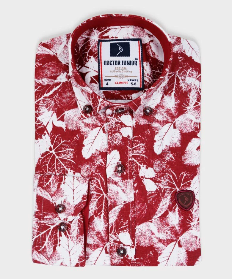 Boys Slim Fit Leaf Print Fashion Shirt - Burgundy - White - Image 3