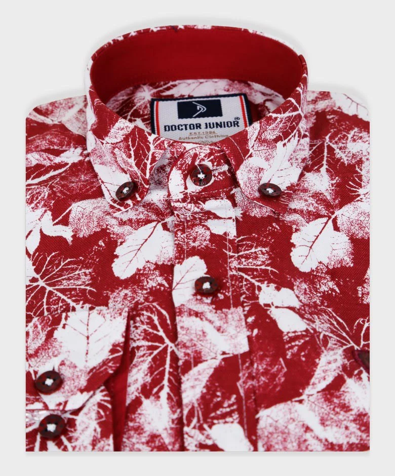 Boys Slim Fit Leaf Print Fashion Shirt - Burgundy - White - Image 4