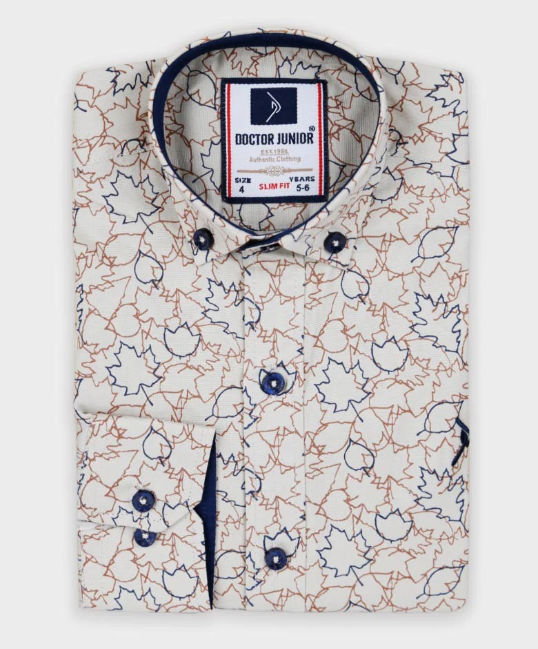 Boys Slim Fit Leaves Print Cotton Shirt - Beige - Image 3