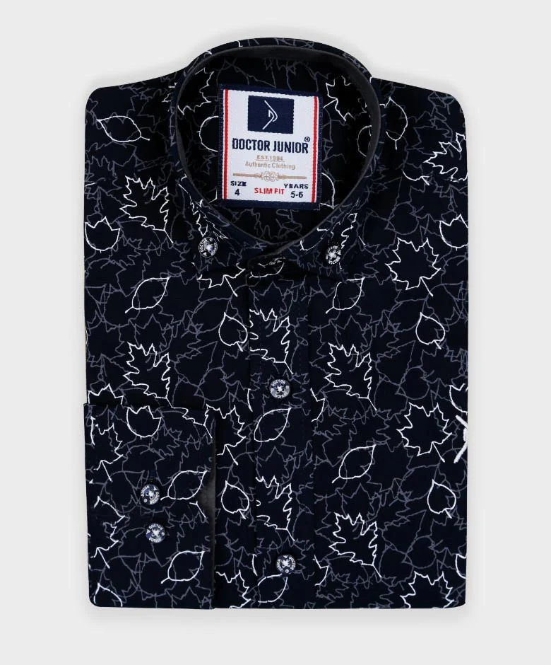 Boys Slim Fit Leaves Print Cotton Shirt - Black - Image 3