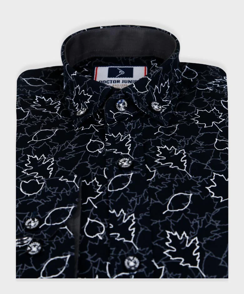 Boys Slim Fit Leaves Print Cotton Shirt - Black - Image 4