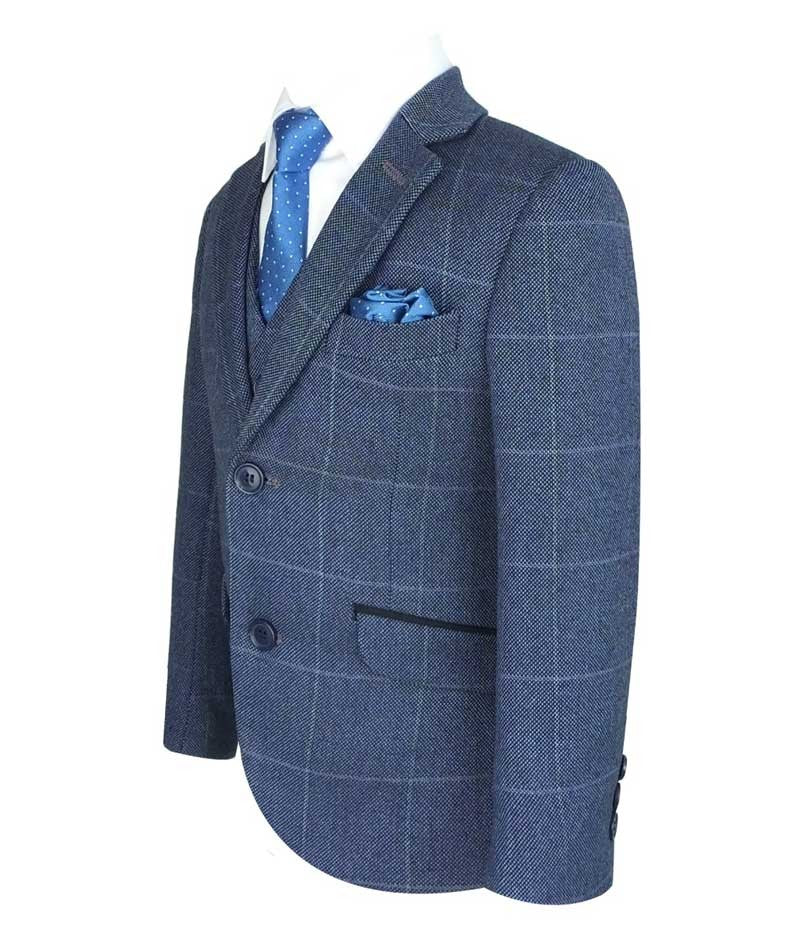 Boys Exclusive Check Tweed Blue Suit - Blue - Image 4