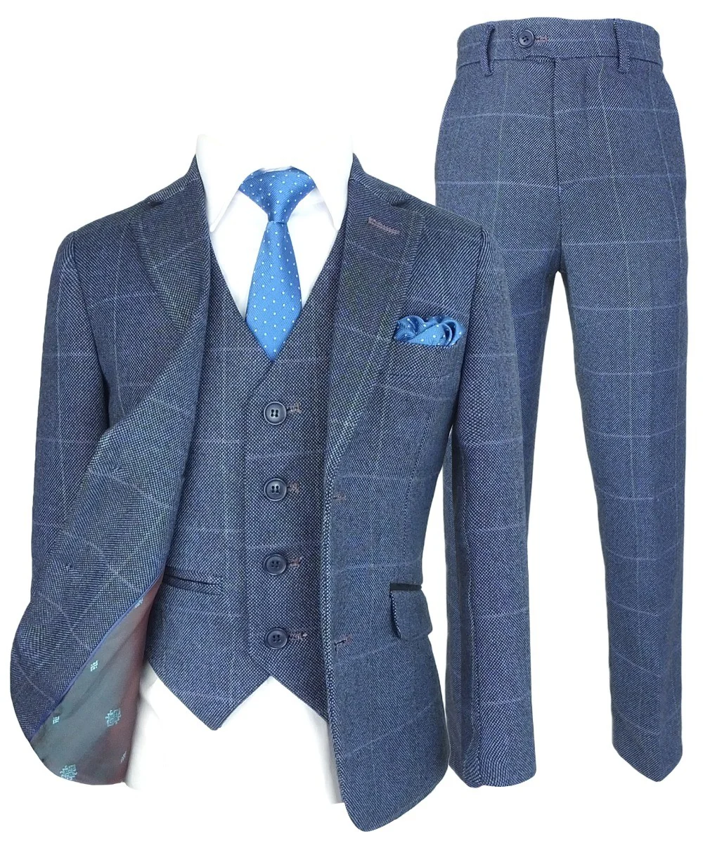 Boys Exclusive Check Tweed Blue Suit - Blue - Image 5