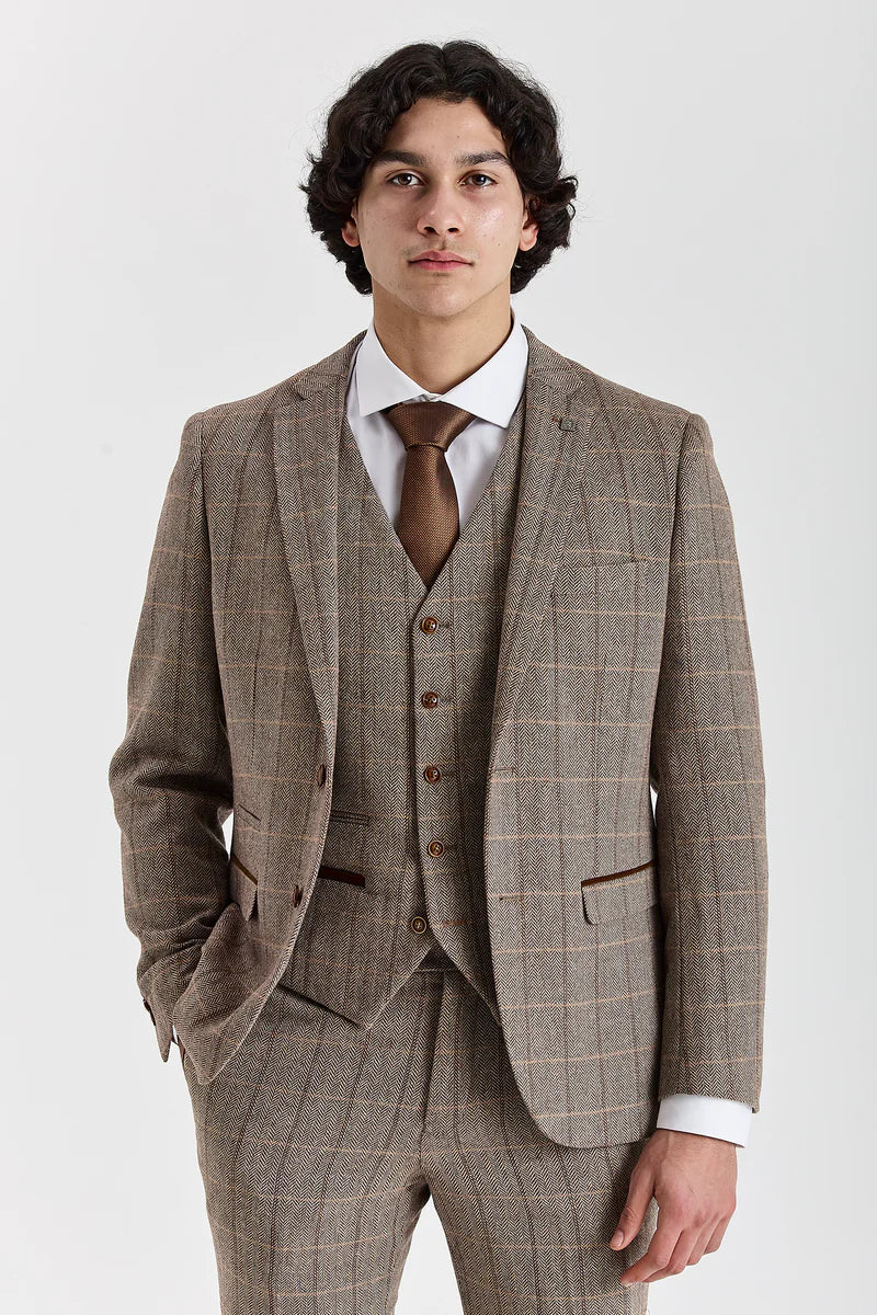 Men's Tweed Retro Windowpane Formal Suit - HARRIS - Brown
